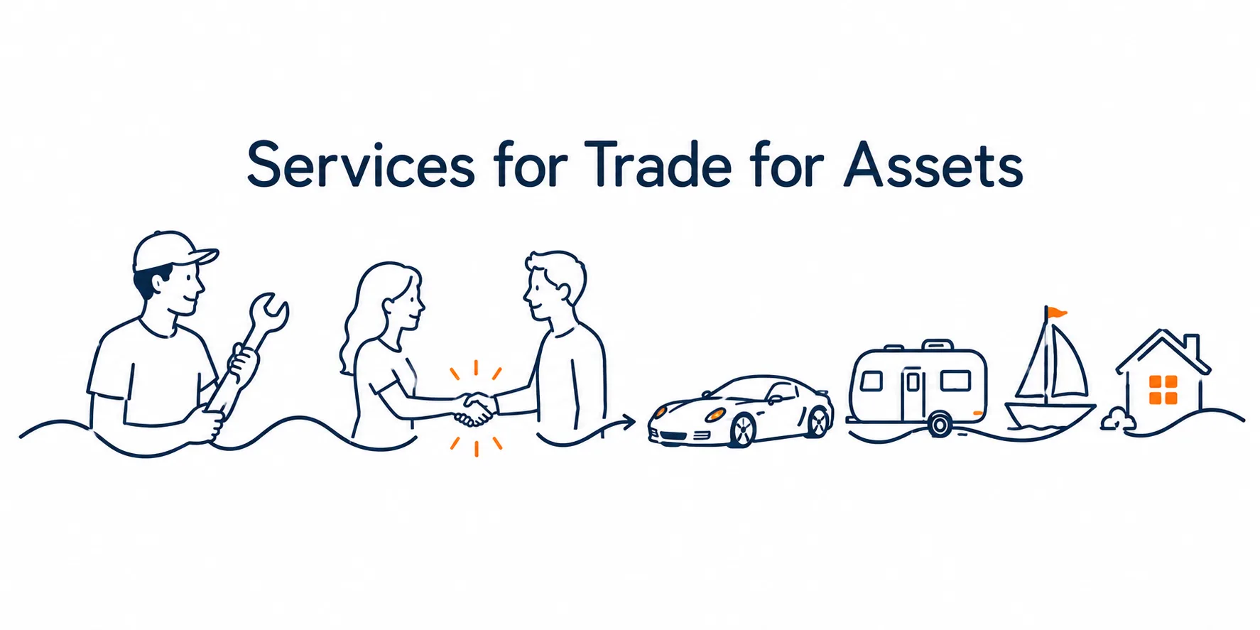 Hand-drawn illustration of a tradesperson's services exchanged with a handshake for a car, camper, sailboat, or house